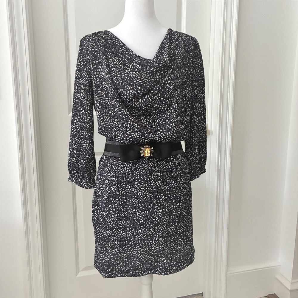 Mob Wife Leopard Print Cowl Neck Sheath Dress 90's Jeweled Belt Black Print S - Picture 4 of 11